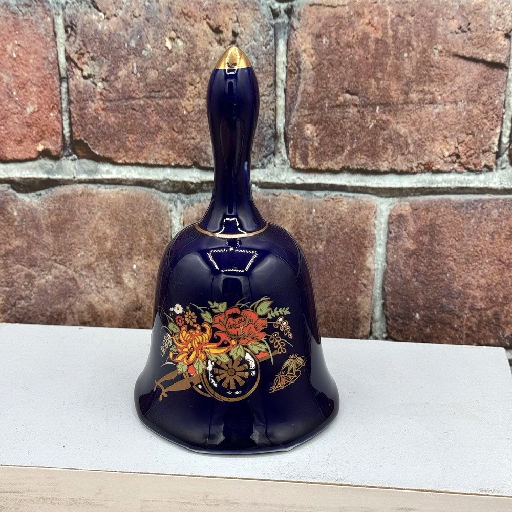 Vintage Cobalt Blue‎ Porcelain Hand Bell Floral Wagon Gold Trim